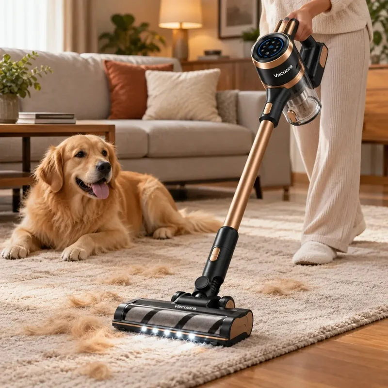 Vacuora che raccoglie peli di cane su un tappeto