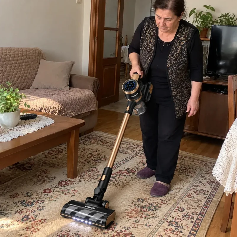 Cliente che aspira peli di animali con Vacuora senza fili